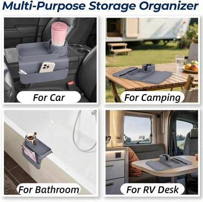 Silicone Couch Caddy Cup Holder Tray, 3-Side Sofa Armrest Organizer with Secure Gear-Shaped Locking Holder & Large Tablet Slot, Non-Slip Weighted Armchair Caddy, Couch Accessories (Grey)