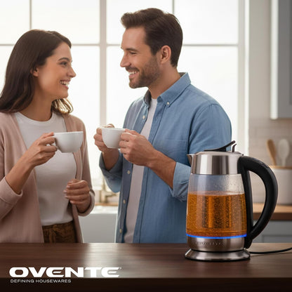 OVENTE 1.8L Glass Electric Kettle with Tea Infuser, Silver KGD752S | 1500W Fast Boiling, Easy Fill Lid, 7 Temperature Control, Keep Warm, Digital Display, Auto Shut-Off, Boil-Dry Protection