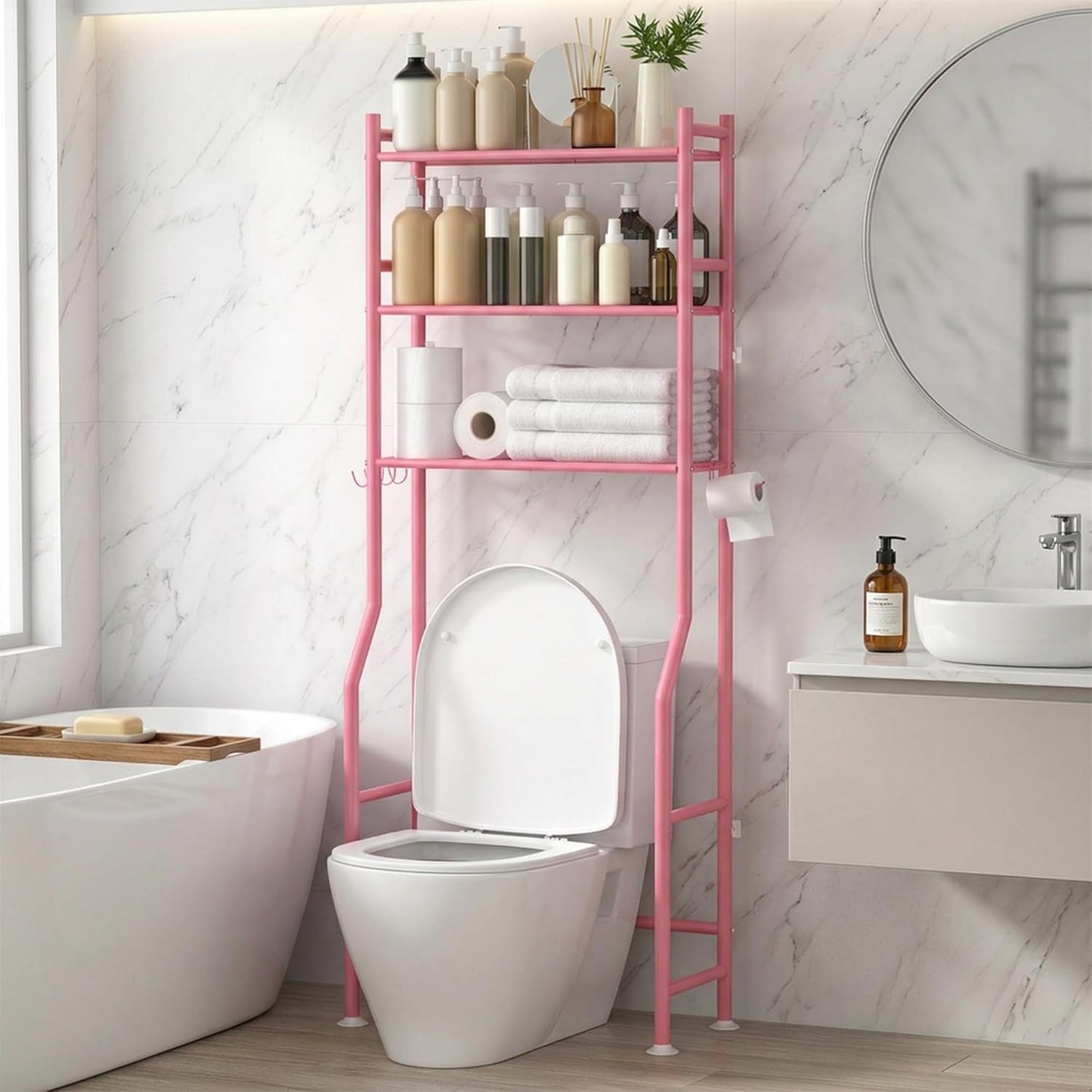 GloTika 3-Tier Over Toilet Storage, Anti-Tilt, 64" H, Black | Anti-Tilt Safety System, 150lb Capacity, Carbon Steel, Freestanding, No Drilling, Anti-Rust Coating, Paper Holder & 4 Hooks