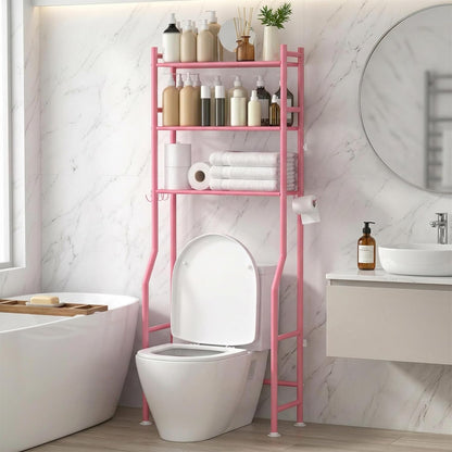 GloTika 3-Tier Over Toilet Storage, Anti-Tilt, 64" H, Black | Anti-Tilt Safety System, 150lb Capacity, Carbon Steel, Freestanding, No Drilling, Anti-Rust Coating, Paper Holder & 4 Hooks