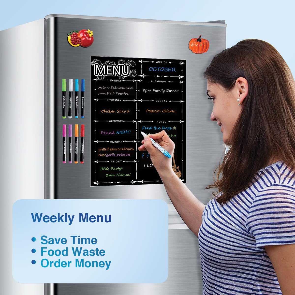 Magnetic Menu Board for Fridge, LiebHome Dry Erase Weekly Menu Planner/Family Calendar 16" x 12" with Grocery List and Notes (Black with 8 Markers)