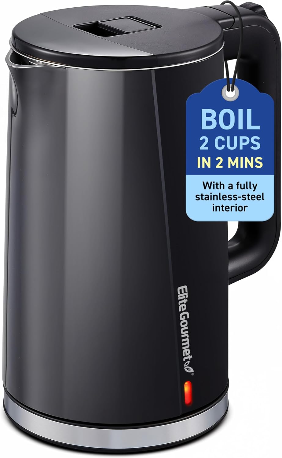 Elite Gourmet 1.7L Cool-Touch 1500W Fast Boil Kettle, Double Wall, Black | Fully Stainless Steel Lid & Interior, BPA-Free, Auto Shut-Off