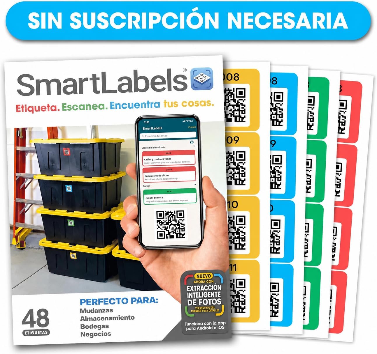 QR Code Stickers with AI Photo Analysis App - Auto-Creates Item Descriptions - No Typing - Made in USA - QR Code Labels for Storage & Inventory Tracking, Organization & Moving, Pack of 48