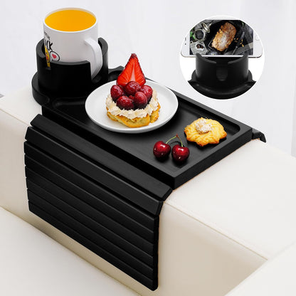 Couch Cup Holder - 3 in 1 Sofa Arm Tray with 360° Rotating Cup Holder & Phone Stand,Arm Chair Rest Table Fits Various of Large Width Couches Armrest,Anti-Slip Foldable Couch Tray for Drinks