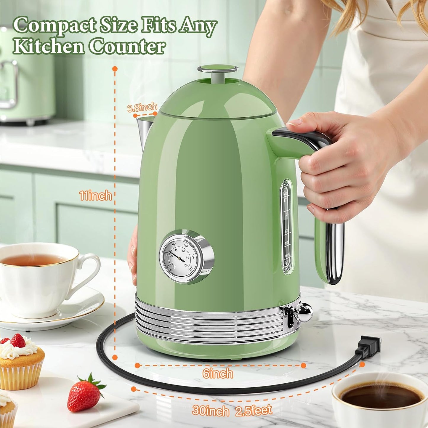 Electric Kettle, 1.7L Tea Kettle with Thermometer, Retro Green | 1500W Stainless Steel Hot Water Pot Kettle, Fast Boil Cordless Electric Kettle, Auto Shut-Off & Boil-Dry Protection