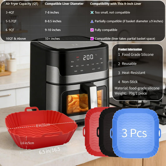 2 Pack Air Fryer Liners,8 Inch Silicone Airfryer Liners,Air Fryer Accessories,Reusable Baking Tray Oven Accessories,Replacement of Flammable Parchment Paper (Red Blue) (Black&Red&Blue)