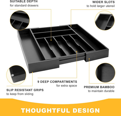 Expandable Bamboo Kitchen Drawer Organizer for Cutlery and Utensils, Adjustable Bamboo Wood Cutlery Tray in Drawer for Flatware and Silverware in Kitchen, (Natural)