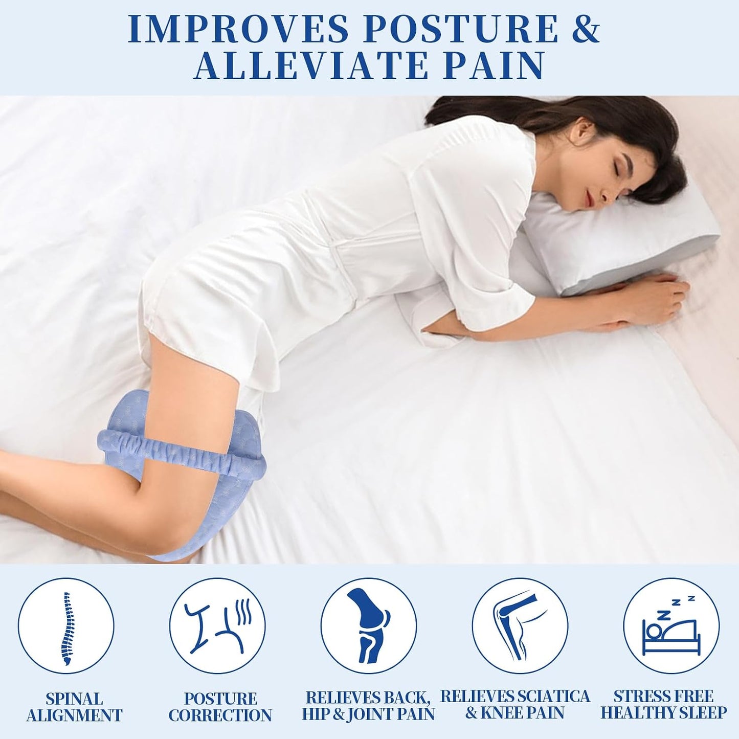 Knee Pillow for Side Sleepers - Sciatica, Hip & Back Pain Relief Pillow with Adjustable Strap, Memory Foam Leg Pillow for Side Sleeping, Spine Alignment Support for Pregnancy, Post-Surgery (Sky Blue)