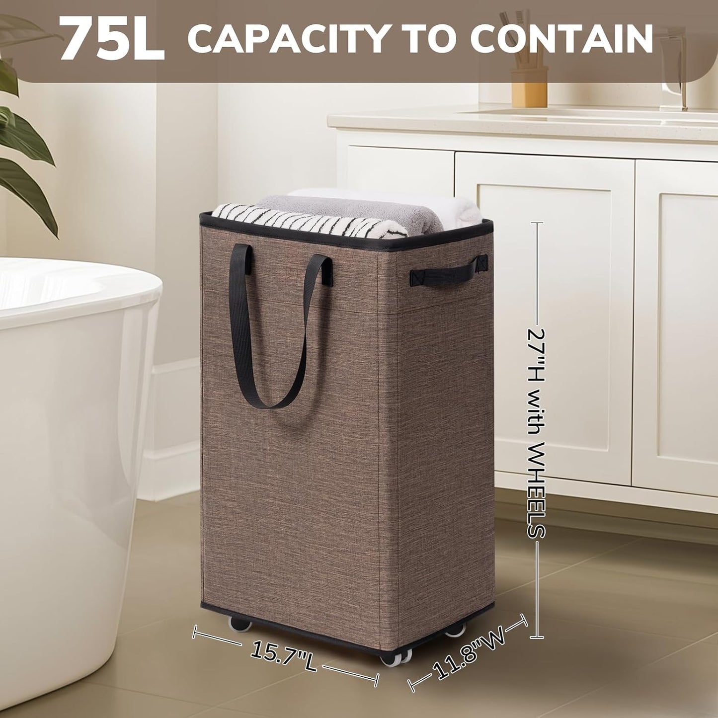 Goodpick 75L Laundry Basket with Wheels & Removable Wash Bag for Dorm | Rolling Laundry Basket with Handles for Dirty Clothes, Fodable Hamper for Laundry Room, Dorm Room Essentials, Grey