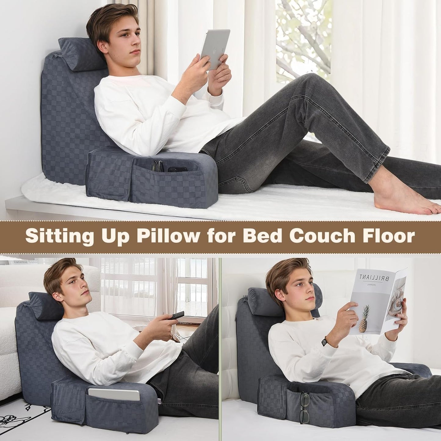 Vekkia 19'' Reading Pillow for Adults with XL Side Pockets, Adjustable Arms | 45° Back Support Chair for Sitting in Bed, Washable Cover, Perfect for Gaming, Watching TV, Relaxing, or Recovery, Gift Idea