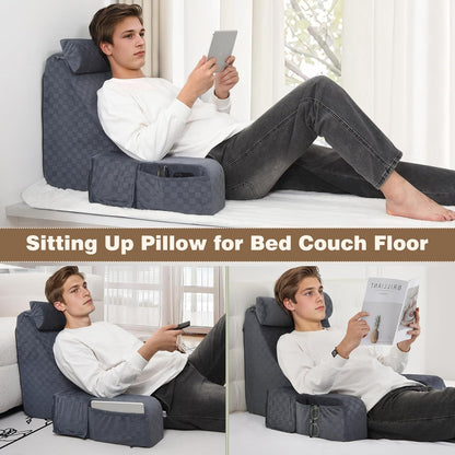 Vekkia 19'' Reading Pillow for Adults with XL Side Pockets, Adjustable Arms | 45° Back Support Chair for Sitting in Bed, Washable Cover, Perfect for Gaming, Watching TV, Relaxing, or Recovery, Gift Idea