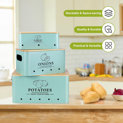 Kitchen Vegetable Storage Set of 3, Metal Onion Garlic Potato Storage Set, Kitchen Canisters Vegetable Keeper Containers with Aerating Holes and Bamboo Lid,Black