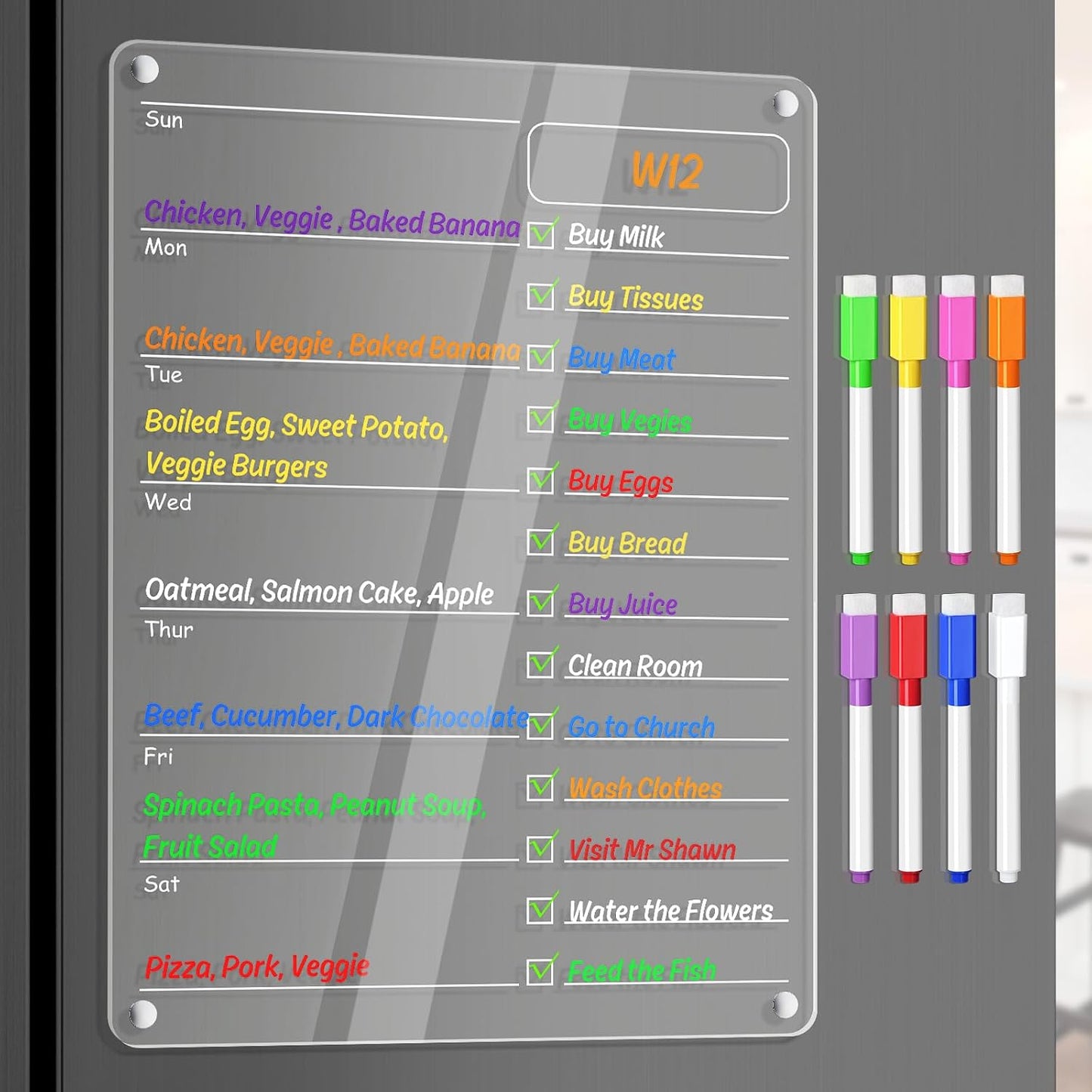 Acrylic Meal Planner Weekly Calendar Menu Board for Kitchen, w/ 8 Markers | Clear Weekly Fridge Calendar Planning Note Board Dry Erase to Do/Grocery/Shopping List/Chore Chart, 12.8x9’’