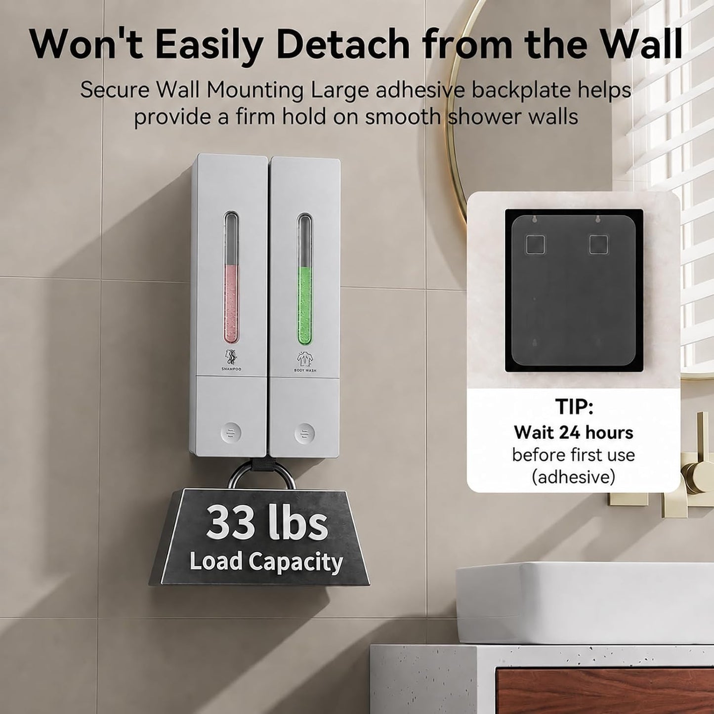 Shampoo and Conditioner Dispenser - Wall-Mounted 3-Chamber Shower Soap Dispenser, No-Drill, 1200ML Capacity, for Bathroom & Hotel