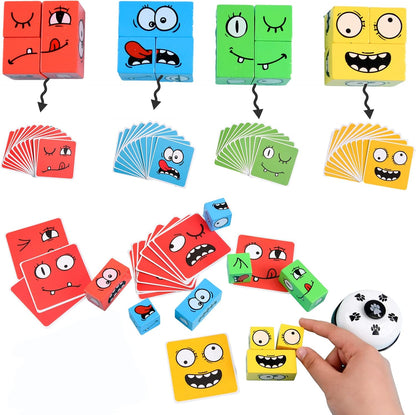 Wooden Face Changing Magic Cube Game with Bell, Puzzle Building Expression Pattern Matching Blocks Toy for Kids and Adults, Educational Fun for Family Night
