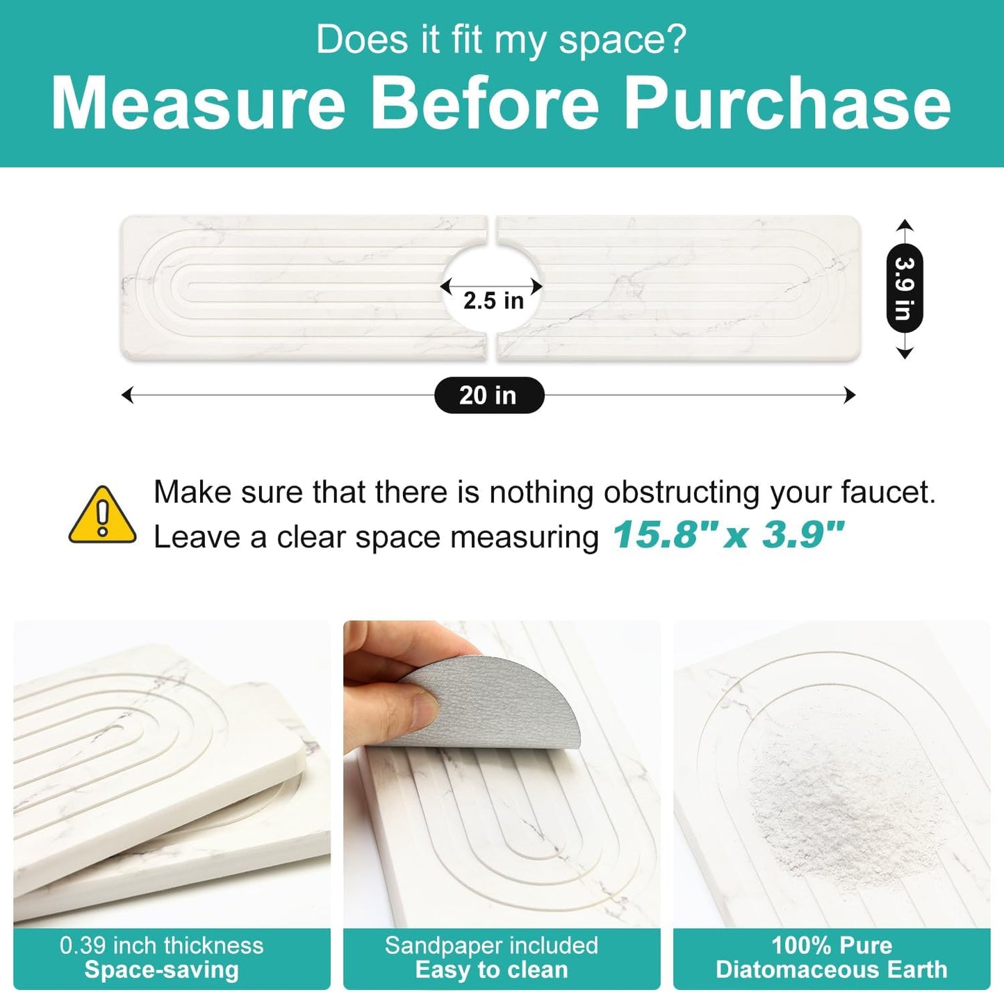 Fast Dry Stone Faucet Mat for Bathroom Sink Kitchen Counter Marble Trays | Small Diatomite Sink Splash Guard White Absorbent Tray Counter Quick Drying Stone Kitchen Diatomaceous Earth Around Faucet