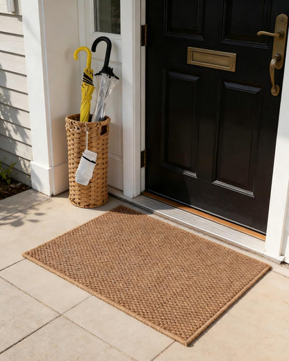 Rattan Umbrella Stand for Entryway,Hand-Woven Umbrella Holder Indoor with Doormat, Removable Drip Tray & 4 Hooks,Waterproof Umbrella Storage Basket