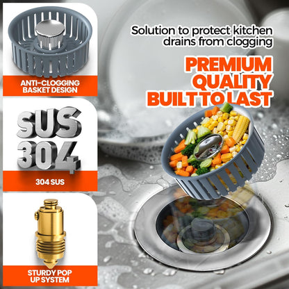 3 in 1 Kitchen Sink Drain Strainer Stopper Basket Pop Up Silver | Kitchen Sink Accessories Strainer Basket 2 Pack Silver,Stainless Steel Anti-Clog Catcher, Odor-Blocking Seal Fits 3.5" Drain