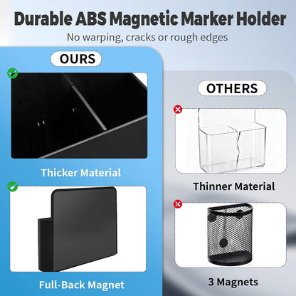 2 Pack Magnetic Pen Holder for Refrigerator & Whiteboard, Full-Back Magnet Dry Erase Marker Holder with Adjustable Divider, Magnetic Marker Holder for White Board Office Desk Locker Accessories, Black