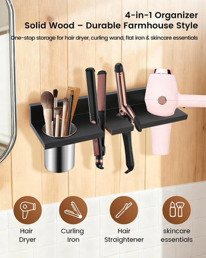 Hair Tool Organizer for Bathroom – Wall Mounted Hair Dryer Holder with Heat-Resistant Cups, Curling Iron & Straightener Rack, Blow Dryer Organizer for Vanity or Wall (Black)