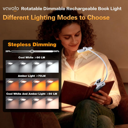 VAVOFO Rechargeable Book Light Rotatable：24 LEDs Reading Light, 3-Color & 9-Brightness Book Lamp, Eye Cared 120Hrs Runtime Lightweight Clip on Led Light for Book Lovers (Black)