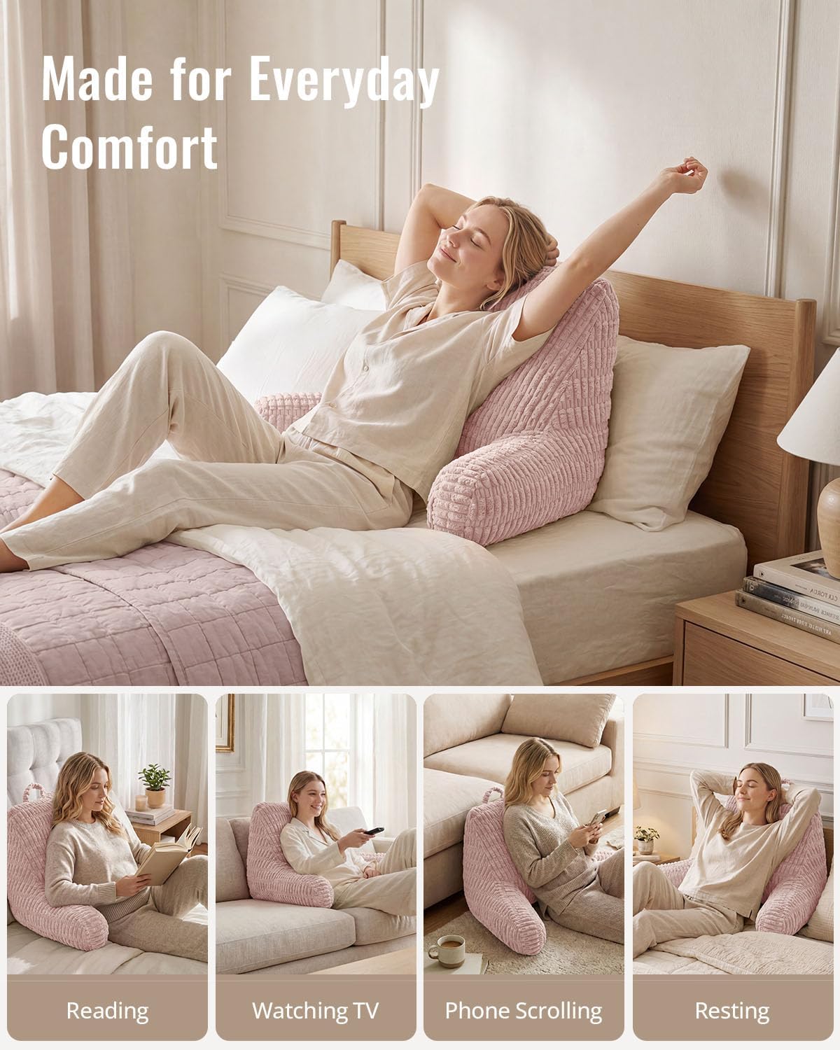 Blissful Diary Reading Pillow, Backrest Pillow with Shredded Memory Foam for Adult & Children, Designed for Bed and Couch Sitting Up, Includes Arms, Pockets and Washable Cover, Off White