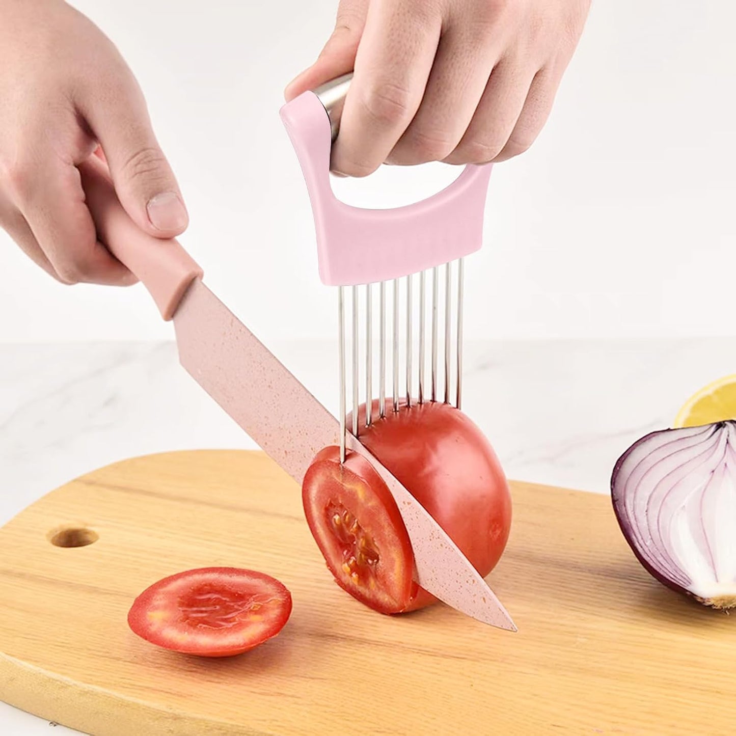 Stainless Steel Onion Holder for Slicing,Onion Slicer Holder,Kitchen Gadget | Green Onion Slicer Holder, Onion Cutter for Slicing of Onions, Tomatoes, Avocados, Eggs and Other Vegetables