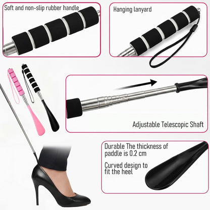2Pcs Shoe Horn Long Handle for Seniors, Retractable Shoe Horn | Foldable Shoes Puller Shoehorn Pregnant Extended Boot Horns for Cowboy Boots Adjustable Travel Shoes Helper(Black/Pink)