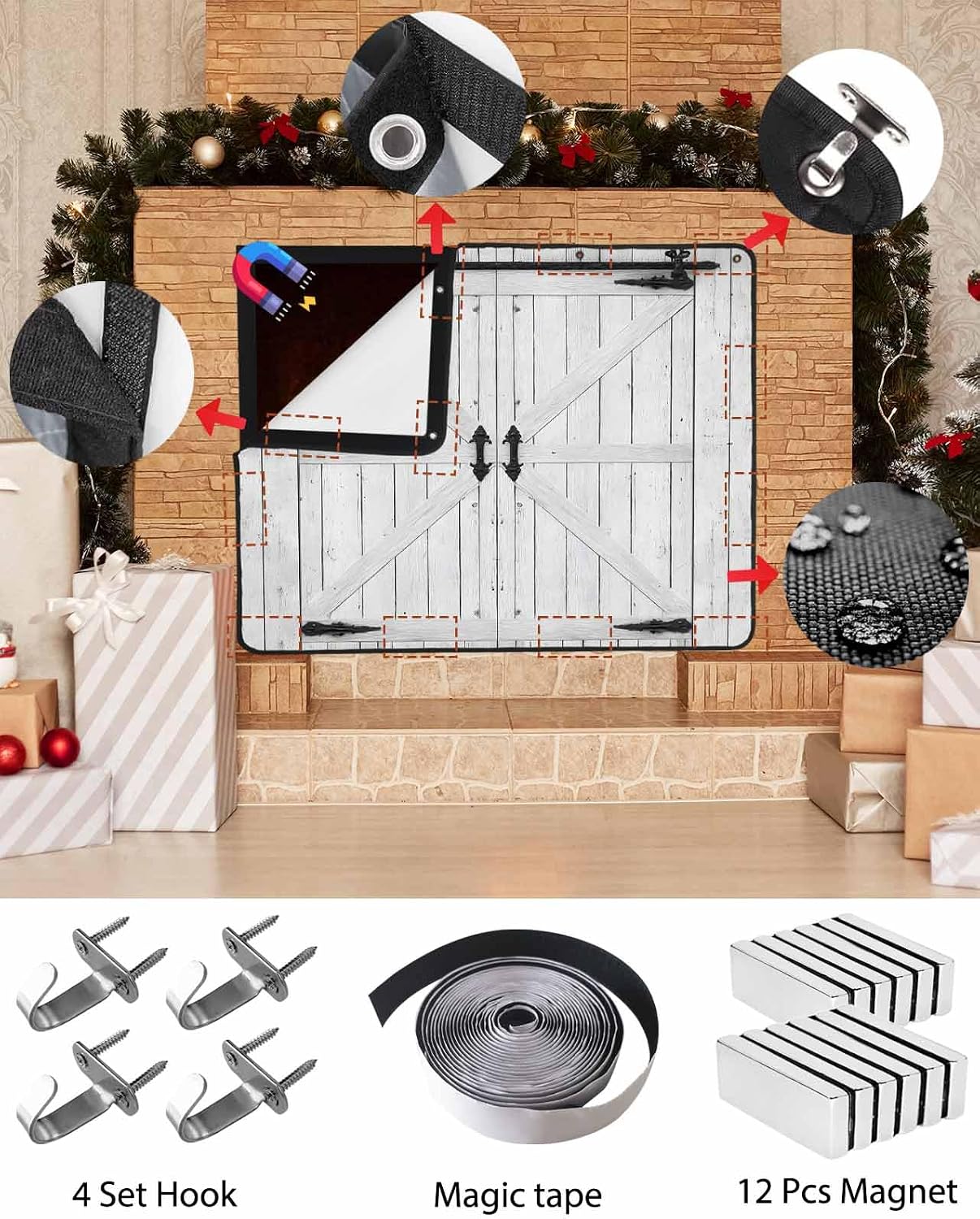 Farmhouse Wood Grain Magnetic Fireplace Cover, Fireplace Draft Blocker, Vintage Country Barn Gate Grey Fireplaces Blanket for Heat Loss/Cold Air, Fireplaces Draft Stopper Cover for Inside 39"x32"