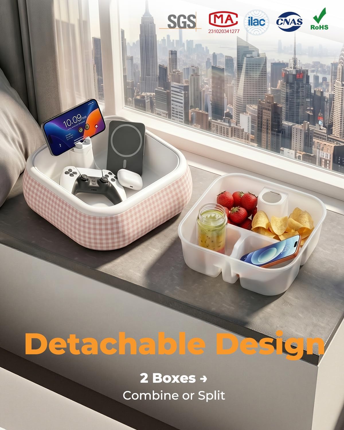 Bedside Caddy with Phone & Kindle Stand, Couch Organizer Tray with Adjustable Tablet Holder, Bed Organizer Storage Basket with Removable Dividers for Remote Controls, Snacks and Bedroom Essentials