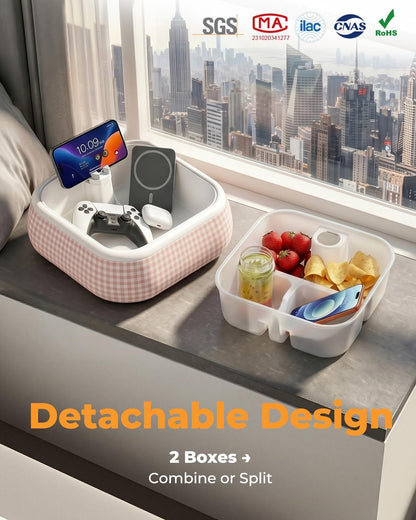 Bedside Caddy with Phone & Kindle Stand, Couch Organizer Tray with Adjustable Tablet Holder, Bed Organizer Storage Basket with Removable Dividers for Remote Controls, Snacks and Bedroom Essentials