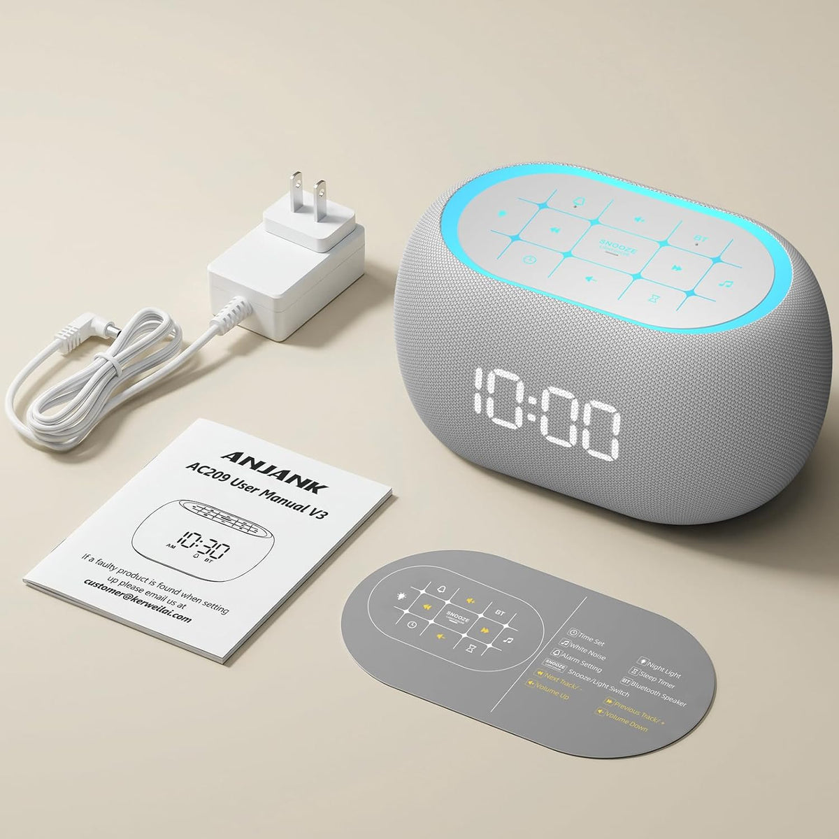 ANJANK White Noise Sound Machine Alarm Clock with Hi-Fi Bluetooth Speaker, 21 Soothing Sounds/7 Night Lights, 0-100% Dimmer/Sleep Timer/Volume Control, Soother for Adults Kids Sleeping, Bedroom, White