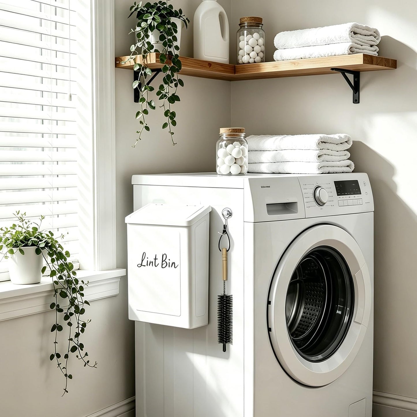 Magnetic Lint Bin for Laundry Room- Wall Mounted Metal Lint Box Holder Trash Can with Dryer Lint Brush, Laundry Room Organization and Storage Decor White