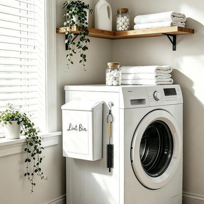 Magnetic Lint Bin for Laundry Room- Wall Mounted Metal Lint Box Holder Trash Can with Dryer Lint Brush, Laundry Room Organization and Storage Decor White