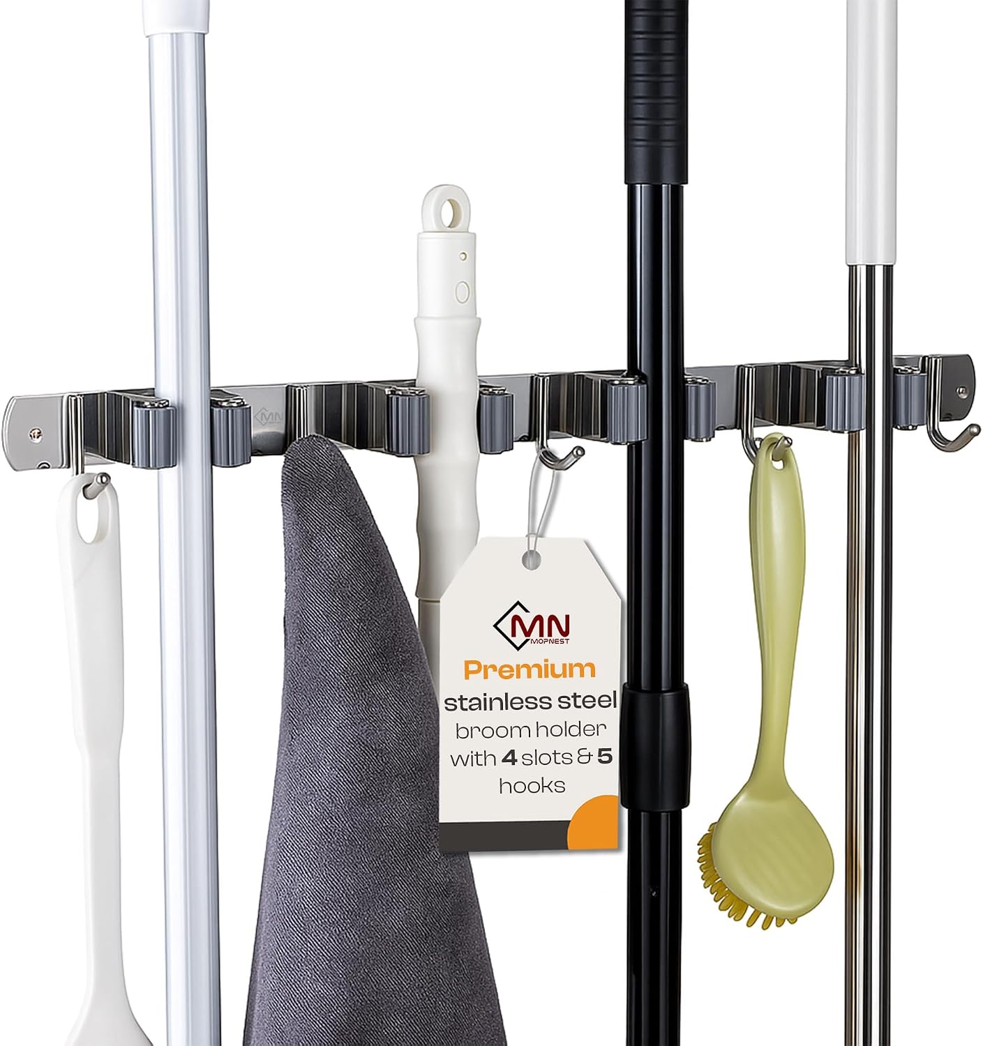 Stainless Steel Broom Holder Wall Mount, 3 Racks & 4 Hooks | Waterproof organizer for mops, brooms, tools and garden equipment, adjustable wall storage, black