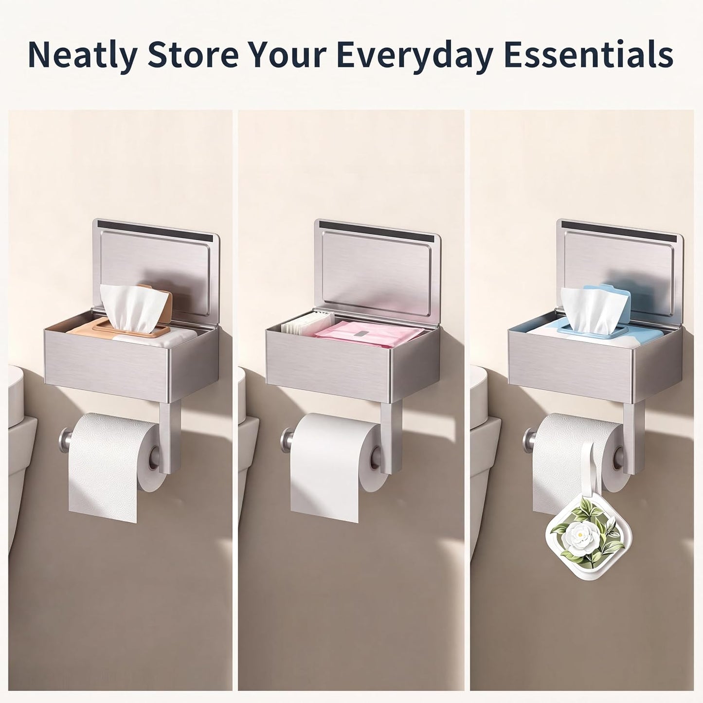 FORIOUS Toilet Paper Holder with Shelf, Wall-Mounted Modern Wipes Dispenser | Brushed Nickel | Toilet Paper Holder with Storage for Bathroom | Fits Wipes, Sanitary Napkin, Tampon | 8.0"x5.3" Large Shelf