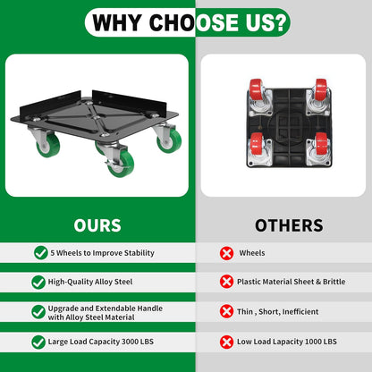 Heavy Duty Furniture Dolly 360 Rotate 5 Wheels 3000 Lbs Capacity 5.3x5.3 in | Furniture Movers with Green Wheels, Measure Tape & Leveler, Alloy Steel Furniture Lifter Tool for Smooth Home & Office Uses