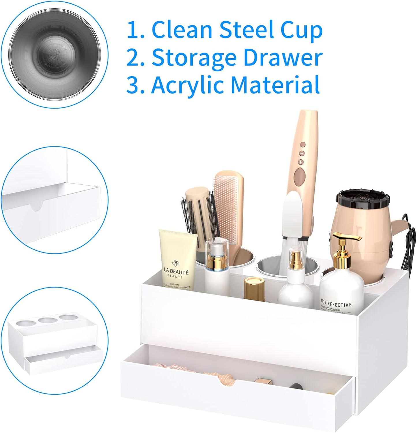 NIUBEE Acrylic Hair Tool Organizer,Hair Dryer Holder Countertop with 3 Cups | Clear, Hot Tools Organizer, Hair Blow Dryer Organizer for Curling Iron, Brush, Straightener, Makeup,Skincare,Vanity, Bathroom