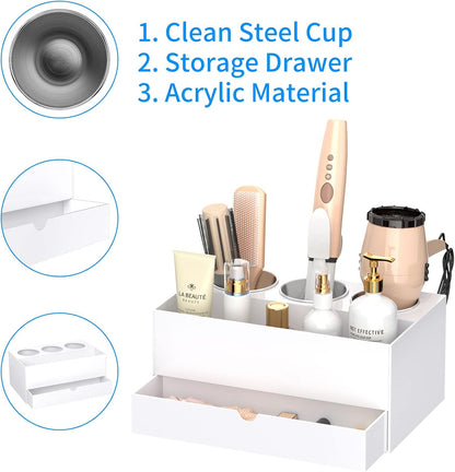 NIUBEE Acrylic Hair Tool Organizer,Hair Dryer Holder Countertop with 3 Cups | Clear, Hot Tools Organizer, Hair Blow Dryer Organizer for Curling Iron, Brush, Straightener, Makeup,Skincare,Vanity, Bathroom