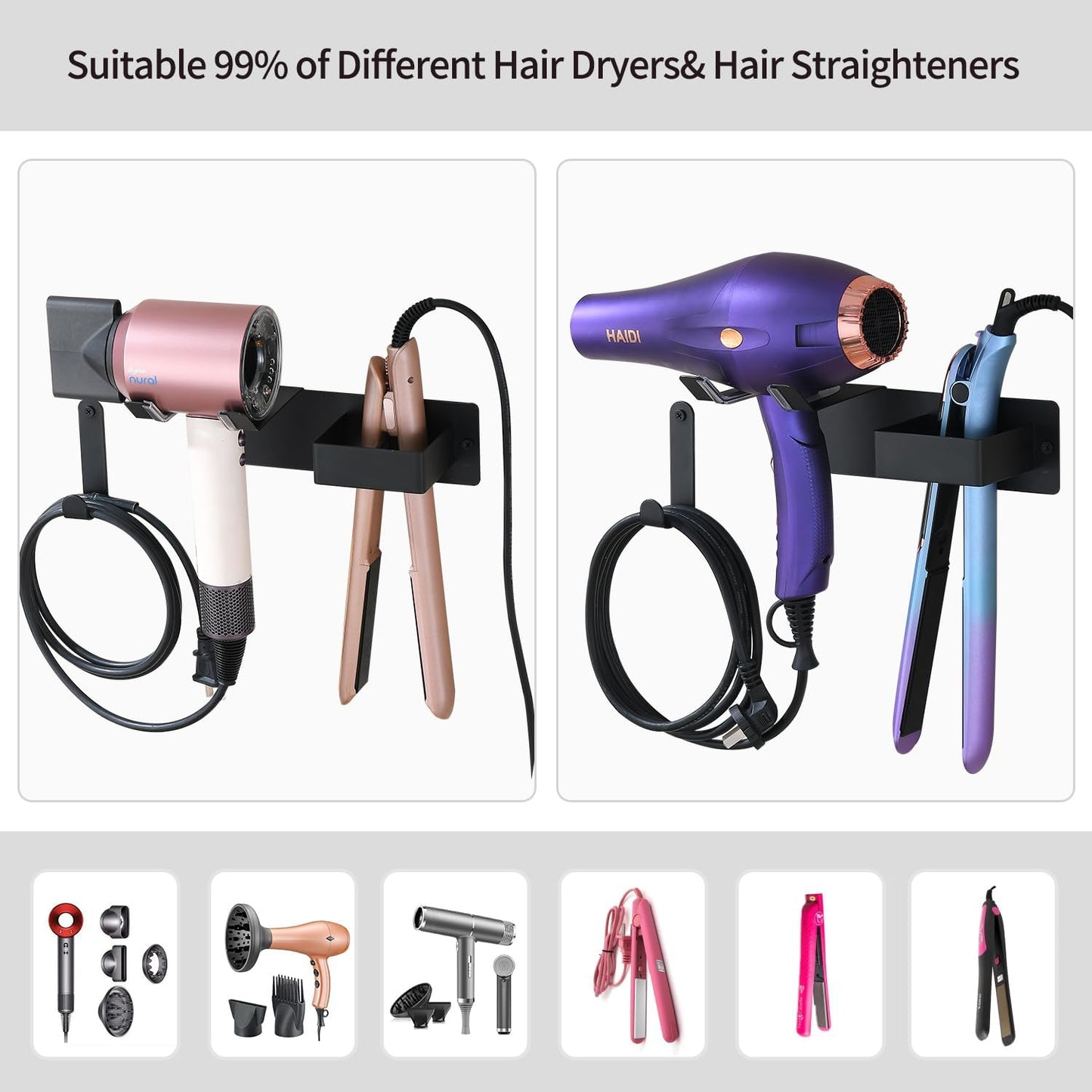 Hair Dryer Holder Wall Mounted, Stainless Steel Blow Dryer Holder for Bathroom, Hair Dryer and Straightener Holder Adhesive or Drilling, Hair Tool Organizer for Salon Barber Shops Banjekt