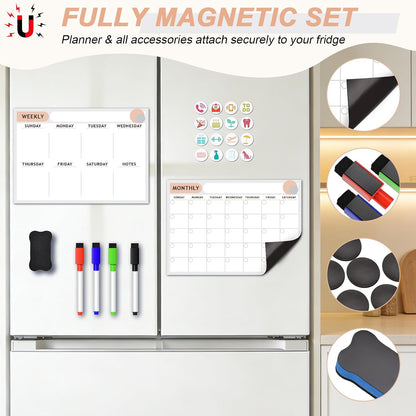 ARVOK Fridge Calendar, Magnetic Weekly & Monthly Calendar for Refrigerator- 2 Packs A3 16.5"x11.6" Reusable Planner Dry Erase Calendar Whiteboard with 4 Markers, 16 Magnets & Eraser for Family Schedule, Meal Menu, To-Do List