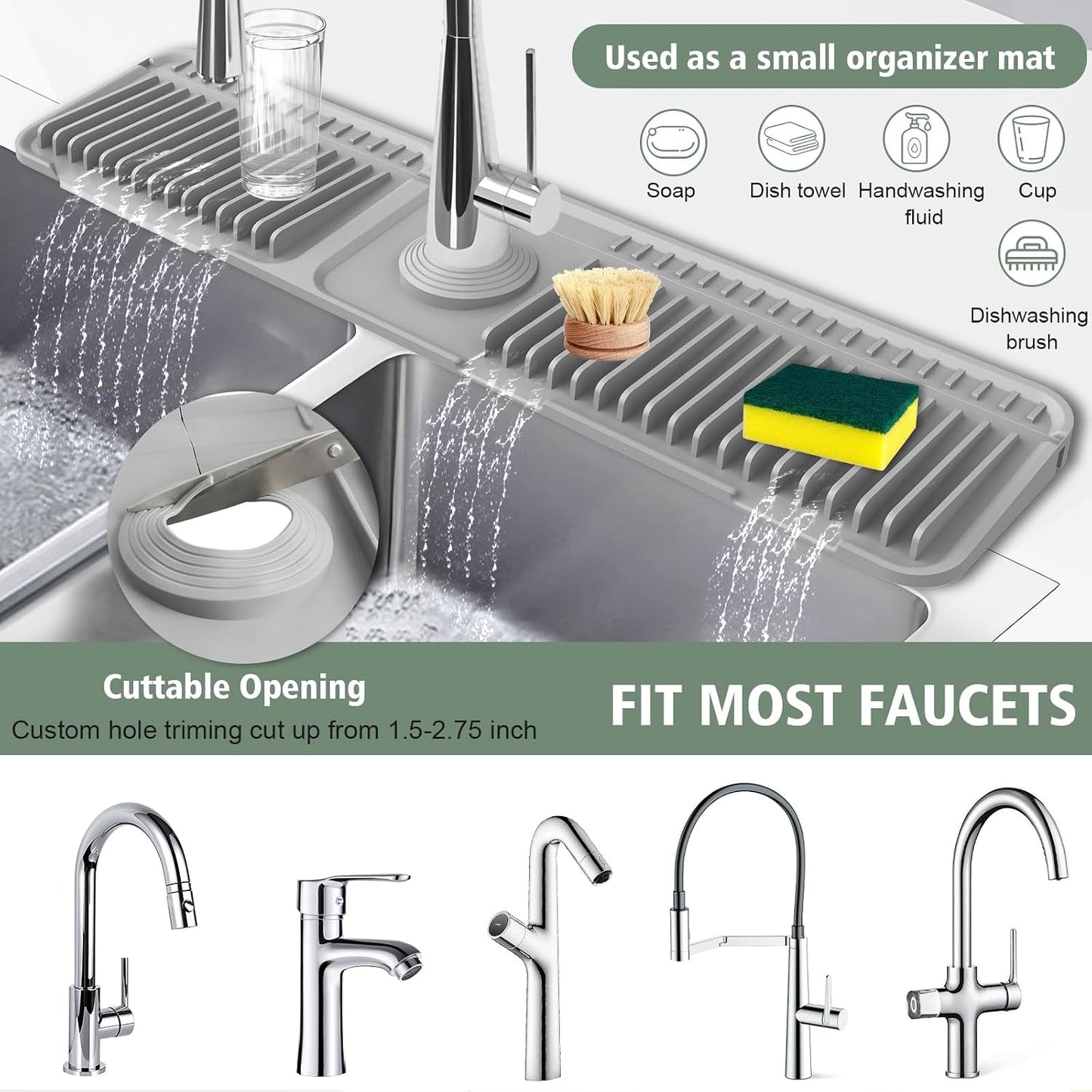 17.7-Inch Kitchen Sink Splash Guard Mat | 7° Slope for Fast Self-Draining | Snap-Lock Design | Universal & Cuttable Silicone Faucet Mat Gray