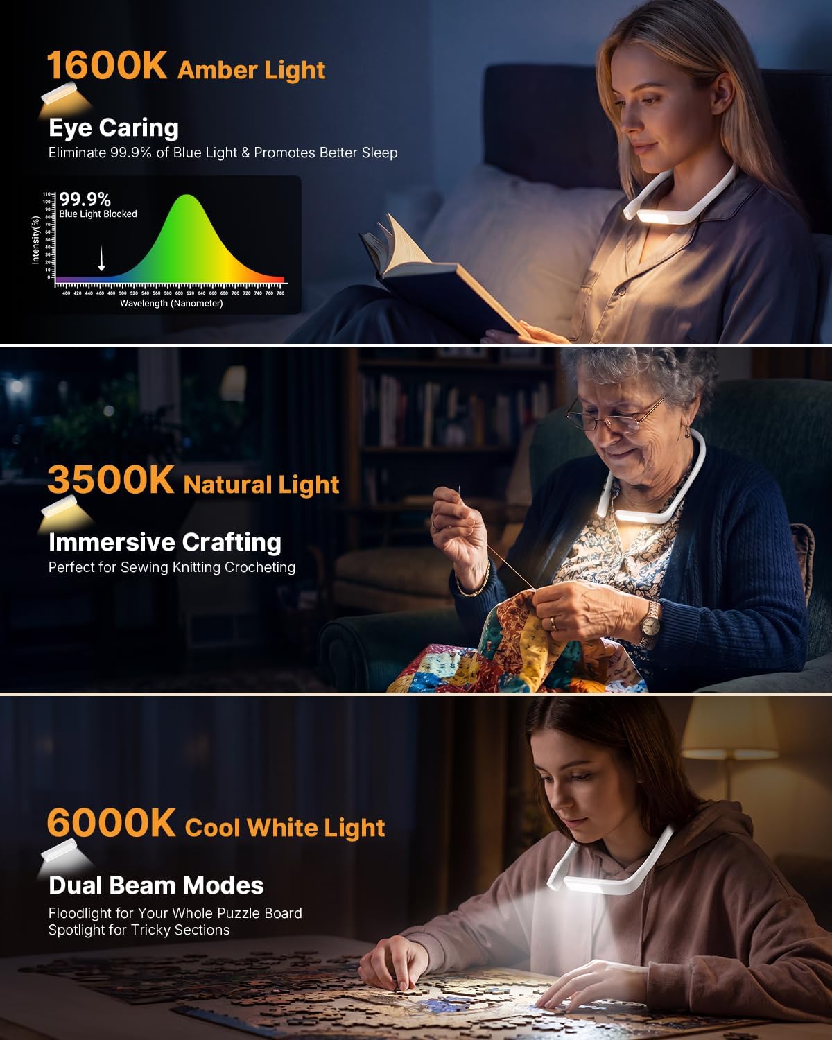 Neck Book Light, Rechargeable Reading Light, 3 Colors Dimmable | Back to School Supplies College Dorm Essentials Bed Lamp, Hands-Free, Dual Lamps, 80H Lasting Neck Light, Gifts for Gilrs
