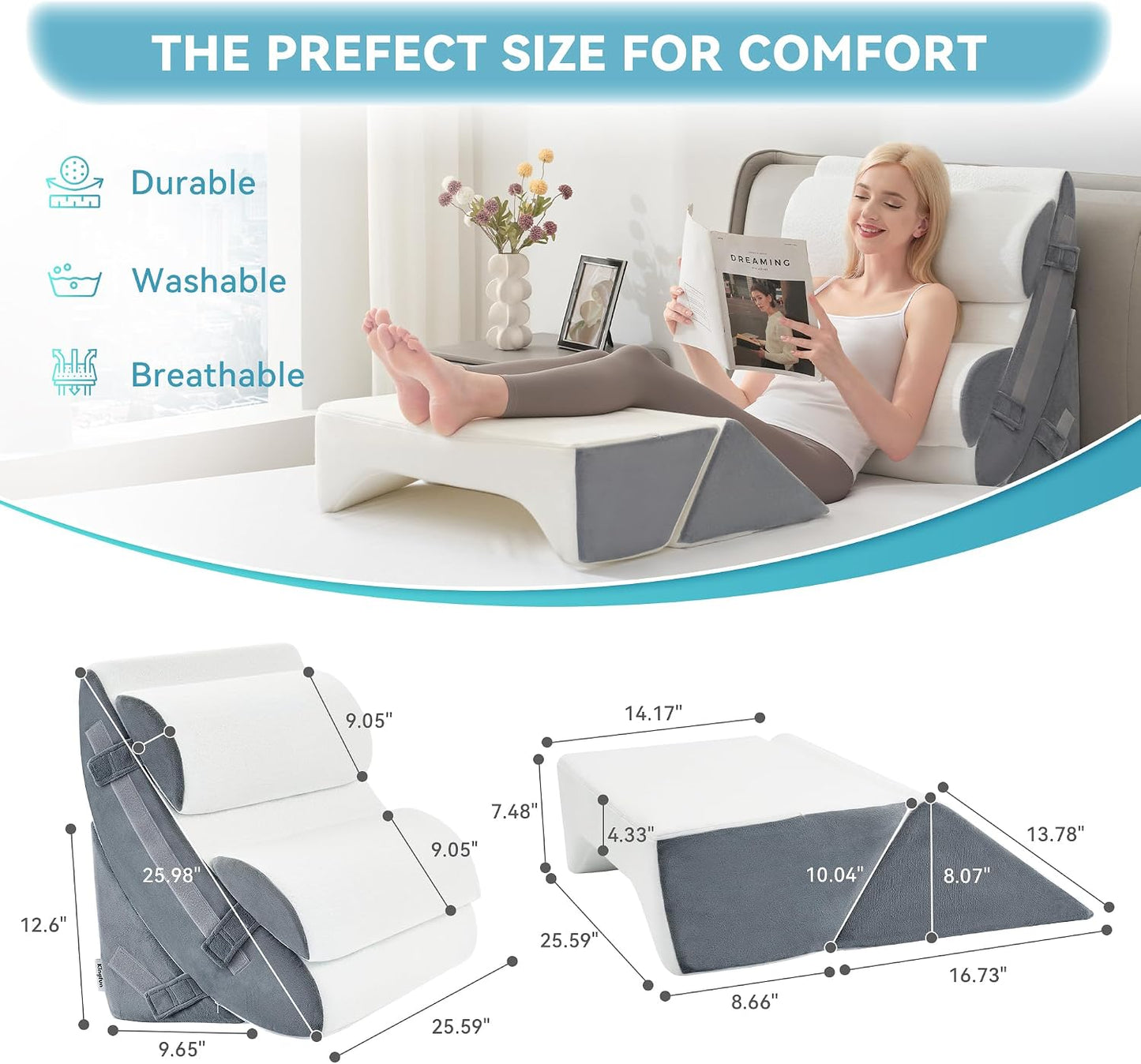 Kingfun 4PCS Orthopedic Bed Wedge Pillow Set for Sleeping, Post Surgery Memory Foam Support Pillows for Back, Neck and Leg Pain Relief, Adjustable Triangle Pillow - Acid Reflux, Anti Snoring & GERD