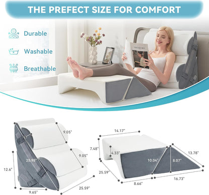 Kingfun 4PCS Orthopedic Bed Wedge Pillow Set for Sleeping, Post Surgery Memory Foam Support Pillows for Back, Neck and Leg Pain Relief, Adjustable Triangle Pillow - Acid Reflux, Anti Snoring & GERD