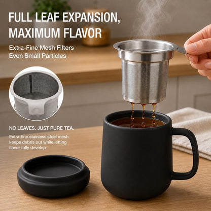 Tealyra - Sumo Porcelain Loose Tea Steeping Mug - 15oz/450 ml Ceramic Tea Cup with Infuser and Lid/Coaster - Extra Fine Stainless Steel Infusion Strainer - For Home or Office - Yellow