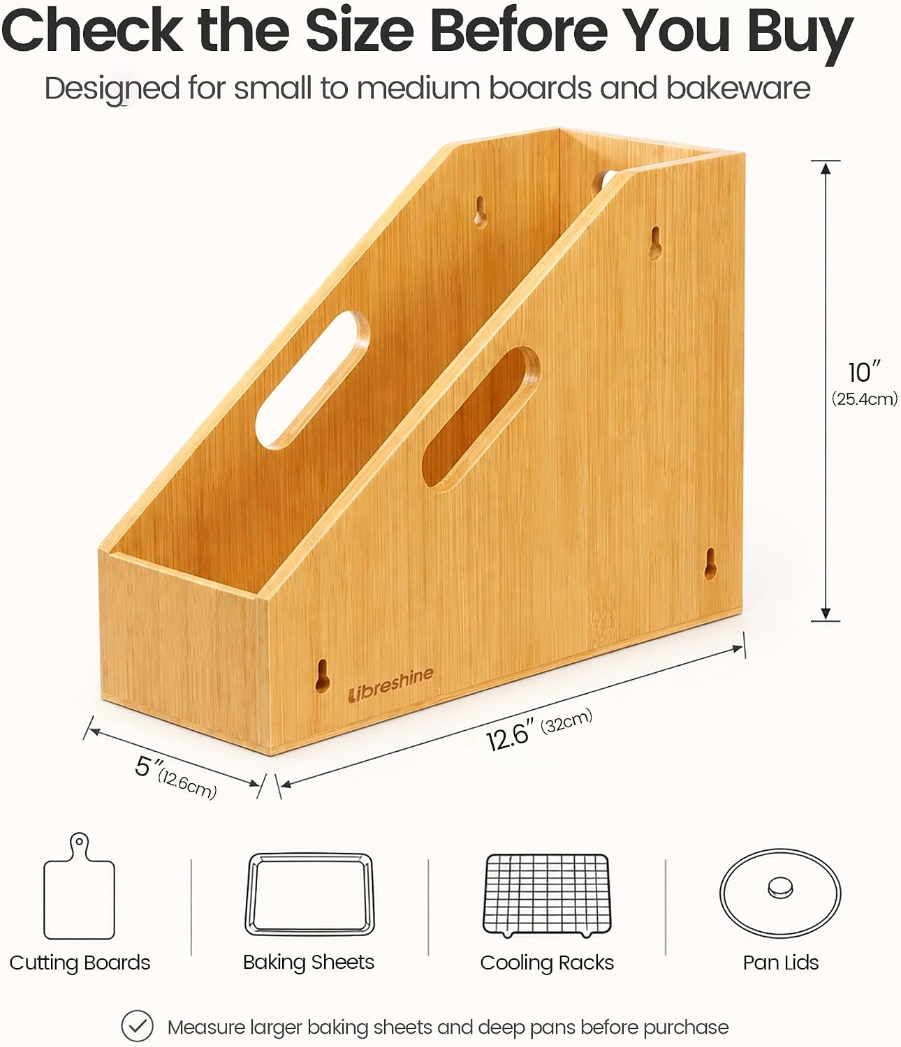 Slim Bamboo Cutting Board Holder & Baking Sheet Organizer | Open-front design keeps small to medium boards and bakeware upright; size: 12.6 x 4.9 x 10.5 in. Measure before purchase
