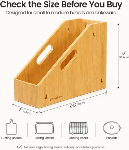 Slim Bamboo Cutting Board Holder & Baking Sheet Organizer | Open-front design keeps small to medium boards and bakeware upright; size: 12.6 x 4.9 x 10.5 in. Measure before purchase