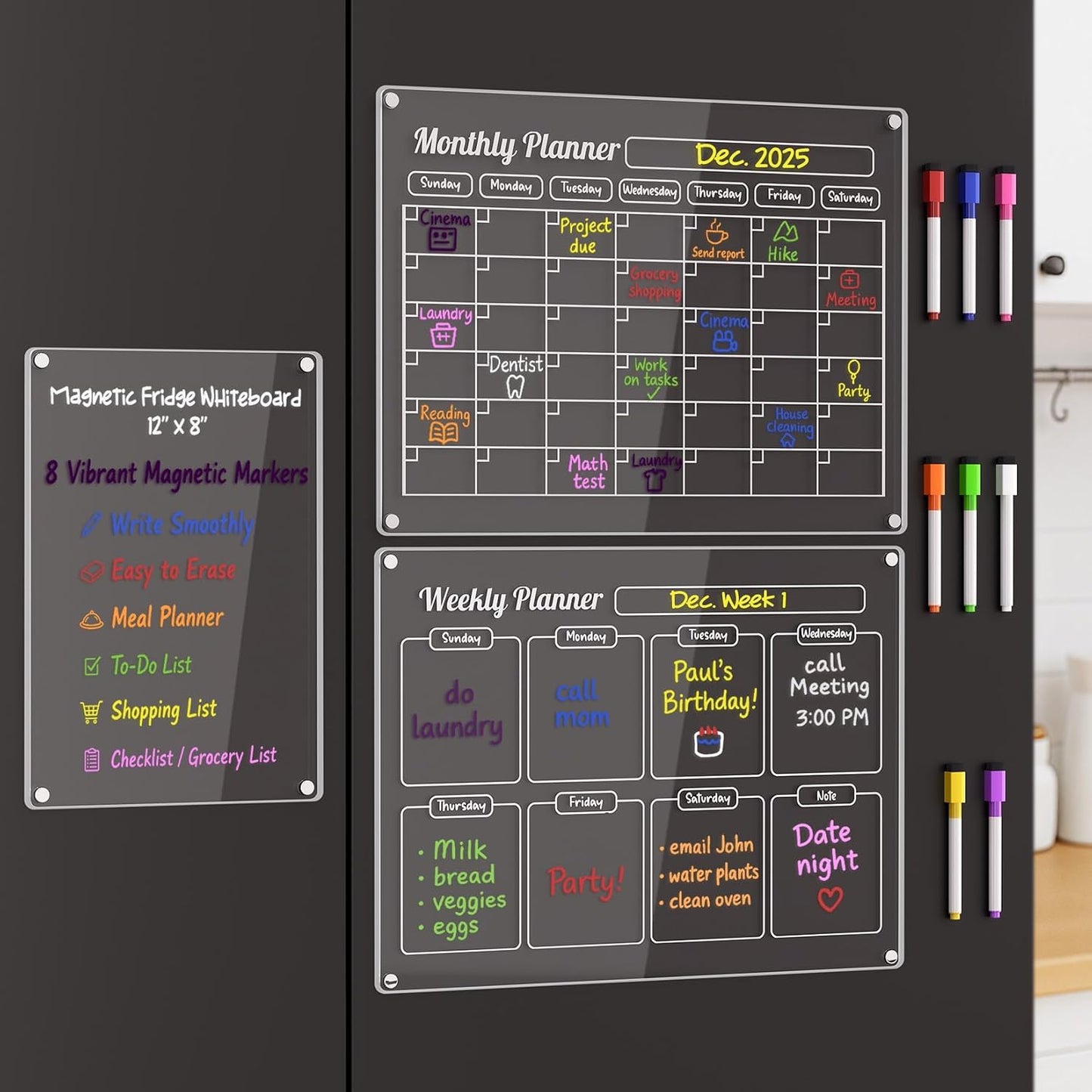 3 Pack Acrylic Calendar for Fridge, Magnetic Calendar for Refrigerator, 16"x12" Dry Erase Whiteboard Fridge Calendar,2026 Clear Monthly Weekly Daily Memo Planning Board with 8 Markers