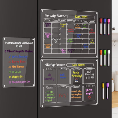 3 Pack Acrylic Calendar for Fridge, Magnetic Calendar for Refrigerator, 16"x12" Dry Erase Whiteboard Fridge Calendar,2026 Clear Monthly Weekly Daily Memo Planning Board with 8 Markers